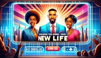 a new life game with two people in front of a neon screen